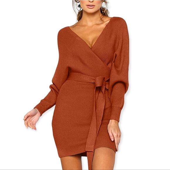 NWT CHERFLY Women's V Neck Sweater Dress Batwing Long Sleeve Backless Mi… - Picture 1 of 7